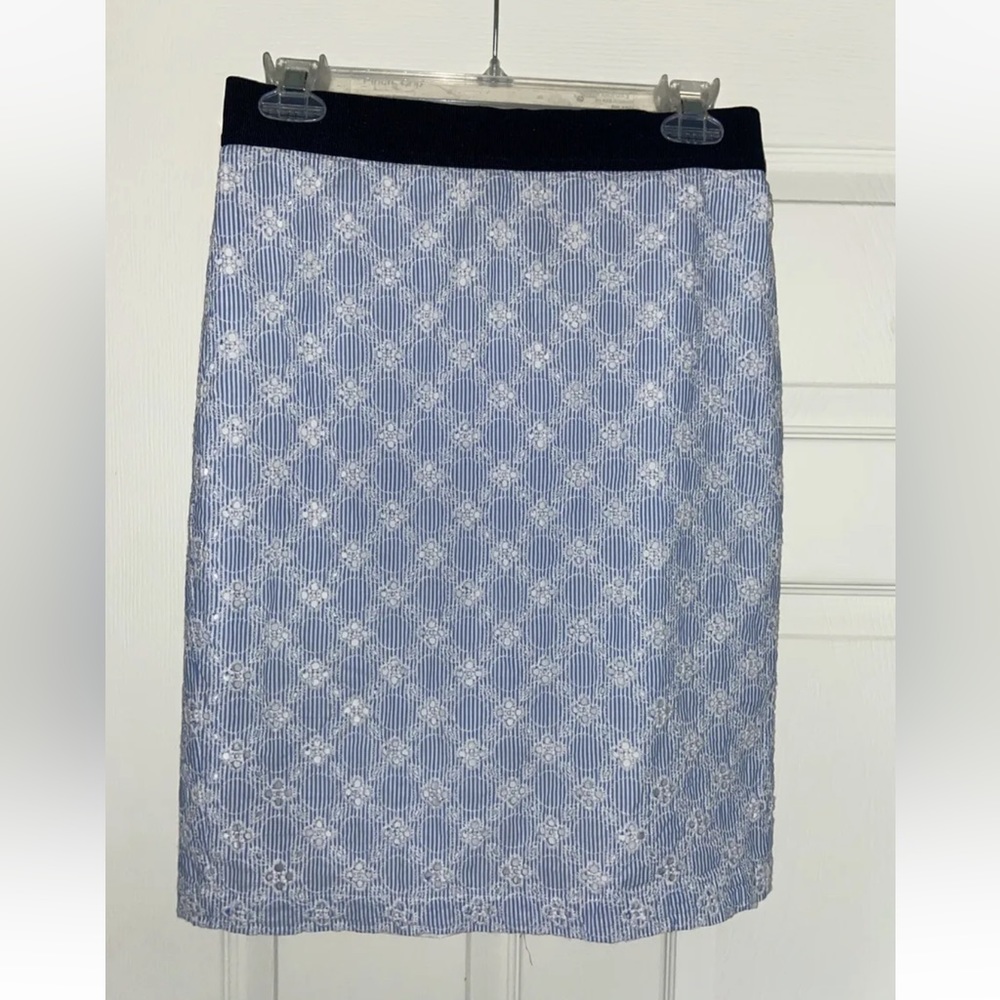 Ann Taylor, seersucker, eyelet, blue and white stripe pencil skirt size 4